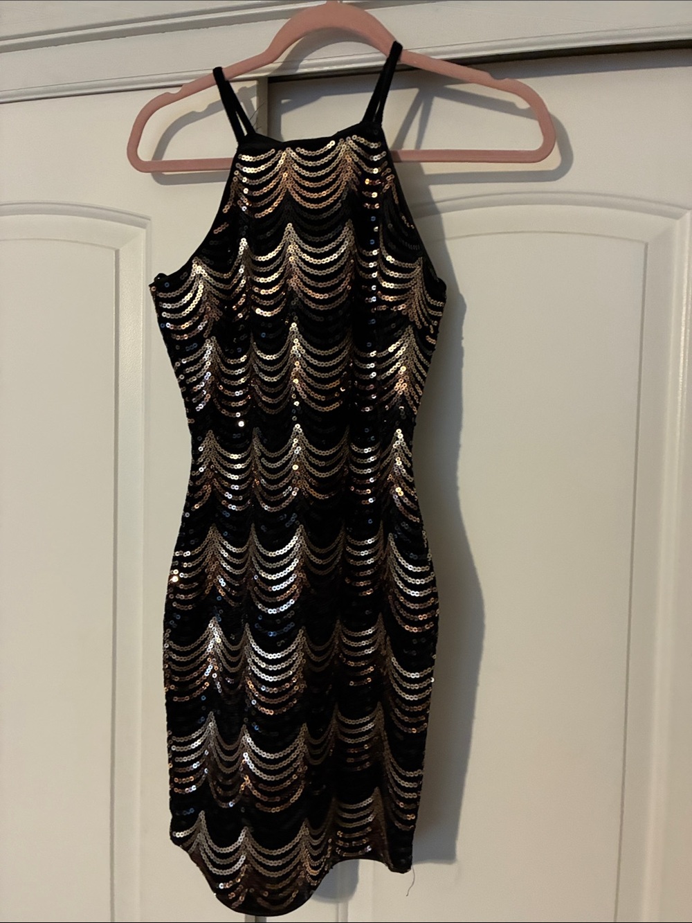a'gaci Black and Gold Sequin Halter Mini Dress